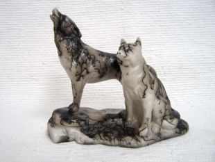 Native American Made Ceramic Horsehair Wolf Pair