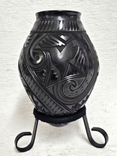 Mata Ortiz Handbuilt and Carved Pot with Hummingbird, Rabbit and Quail