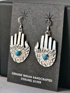 Native American Zuni Made Healing Hand Earrings with Turquoise