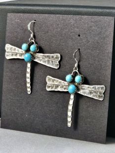 Native American Zuni Made Dragonfly Earrings with Turquoise