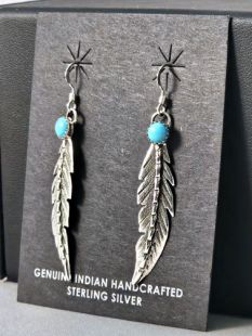 Native American Zuni Made Prayer Feather Earrings with Turquoise