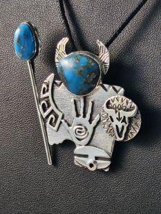 Native American Zuni Made Buffalo Warrior with Turquoise Pin/Pendant