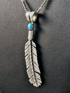 Native American Zuni Made Prayer Feather Pendant with Turquoise