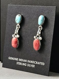 Native American Zuni Made Earrings with Turquoise and Spiny Oyster