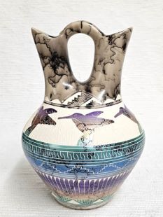 Native American Navajo Fine Etched Horsehair Wedding Vase with Hummingbirds