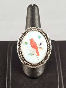 Vintage Native American Navajo Made Ring with Inlaid Cardinal