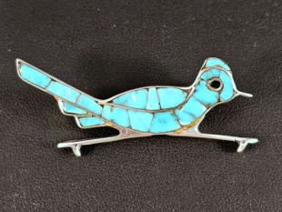 Vintage Native American Navajo Made Roadrunner Pin with Turquoise