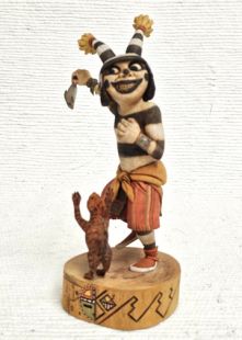 Native American Hopi Carved Clown Katsina Doll Teasing a Cat