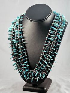 Native American Santo Domingo Made Seven-Strand Turquoise and Heishe Necklace