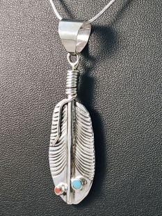 Native American Navajo Made Feather Pendant with Turquoise and Coral