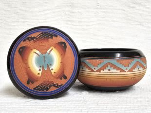 Native American Navajo Red Clay Small Round Jewelry Box with Butterfly