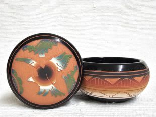 Native American Navajo Red Clay Small Round Jewelry Box with Eagle