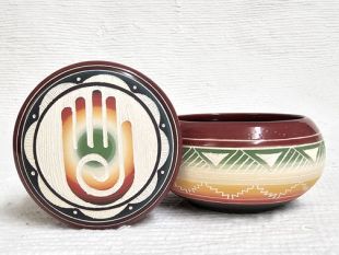 Native American Navajo White Clay Small Round Jewelry Box with Healing Hand