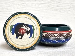 Native American Navajo White Clay Small Round Jewelry Box with Buffalo