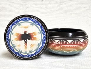 Native American Navajo White Clay Small Round Jewelry Box with Dragonfly