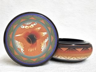 Native American Navajo Red Clay Round Jewelry Box with Hummingbird