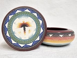 Native American Navajo White Clay Round Jewelry Box with Dragonfly