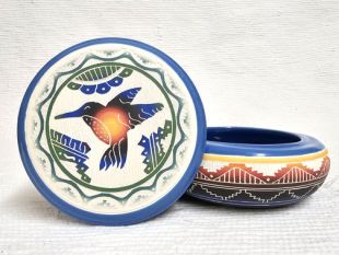 Native American Navajo White Clay Round Jewelry Box with Hummingbird