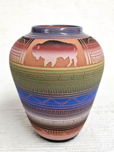 Native American Navajo Red Clay Pot with Buffalo