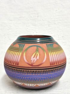 Native American Navajo Red Clay Pot with Prayer Feather