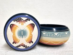 Native American Navajo White Clay Small Round Jewelry Box with Butterfly