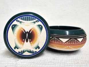 Native American Navajo White Clay Small Round Jewelry Box with Butterfly