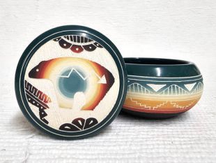 Native American Navajo White Clay Small Round Jewelry Box with Bear