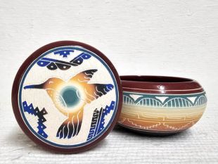 Native American Navajo White Clay Small Round Jewelry Box with Hummingbird