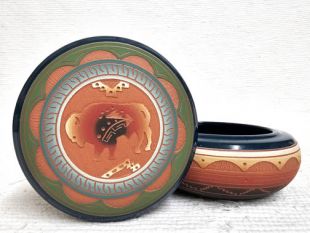 Native American Navajo Red Clay Round Jewelry Box with Buffalo