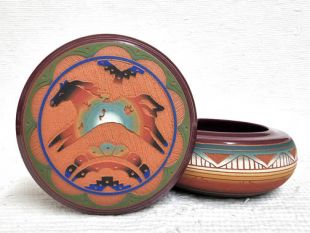 Native American Navajo Red Clay Round Jewelry Box with Horse