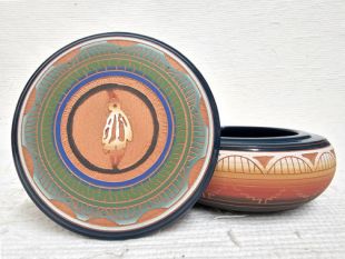 Native American Navajo Red Clay Round Jewelry Box with Prayer Feather