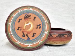 Native American Navajo Red Clay Round Jewelry Box with Kokopelli