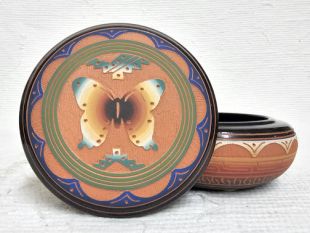 Native American Navajo Red Clay Round Jewelry Box with Butterfly