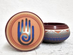 Native American Navajo Red Clay Small Round Jewelry Box with Healing Hand