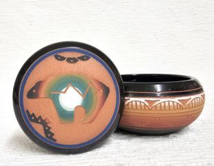 Native American Navajo Red Clay Small Round Jewelry Box with Bear