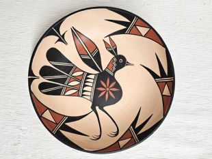 Native American Santo Domingo Handbuilt Polychrome Low Bowl with Bird