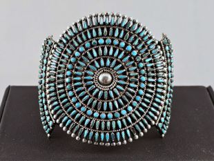 Vintage Native American Zuni Made Blossom Cuff Bracelet with Turquoise