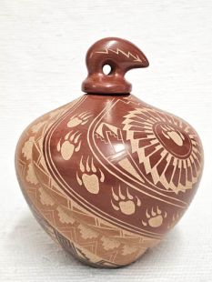 Native American Jemez Handbuilt and Handetched Pot with Bear Top